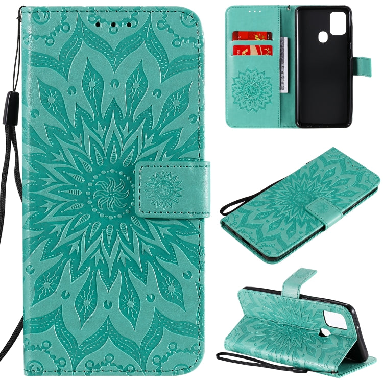 For Samsung Galaxy A21s Embossed Sunflower Pattern Horizontal Flip PU Leather Case with Holder & Card Slots & Wallet & Lanyard