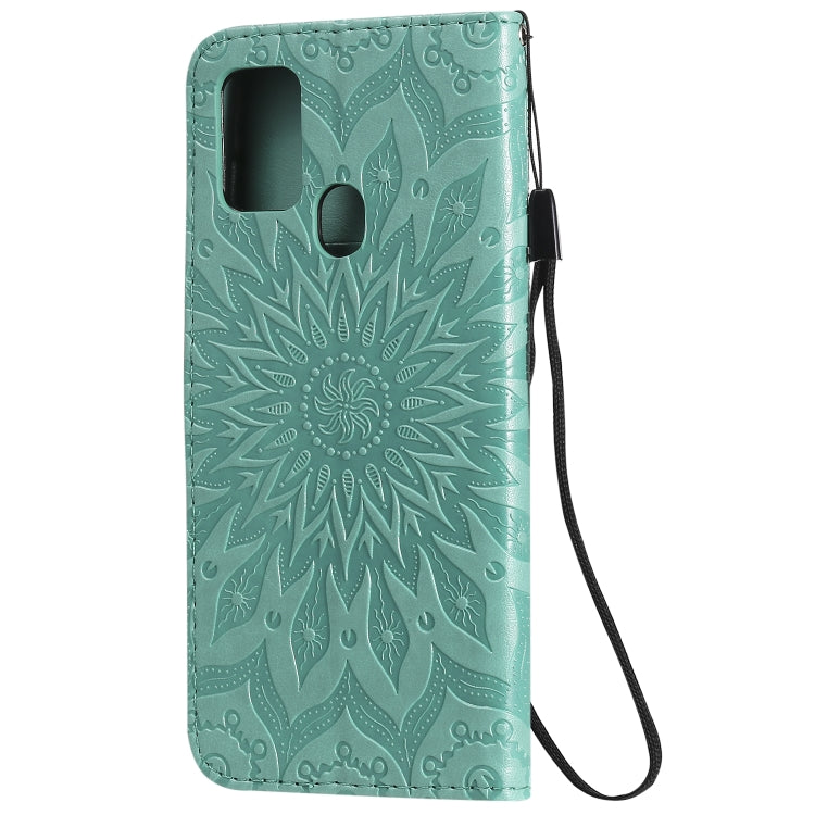 For Samsung Galaxy A21s Embossed Sunflower Pattern Horizontal Flip PU Leather Case with Holder & Card Slots & Wallet & Lanyard
