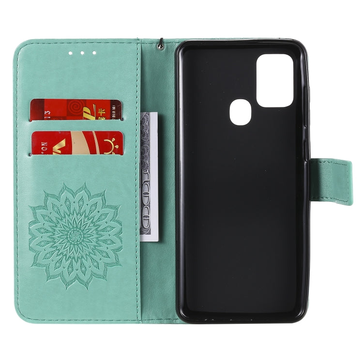 For Samsung Galaxy A21s Embossed Sunflower Pattern Horizontal Flip PU Leather Case with Holder & Card Slots & Wallet & Lanyard
