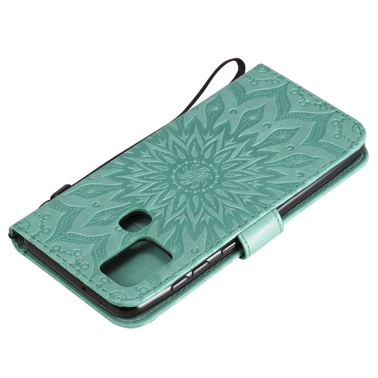 For Samsung Galaxy A21s Embossed Sunflower Pattern Horizontal Flip PU Leather Case with Holder & Card Slots & Wallet & Lanyard