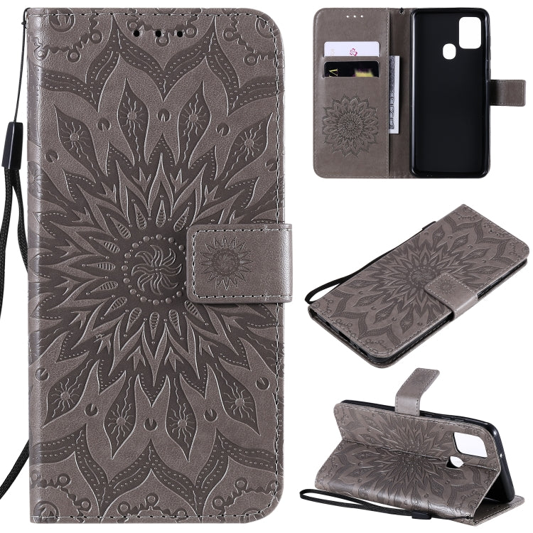 For Samsung Galaxy A21s Embossed Sunflower Pattern Horizontal Flip PU Leather Case with Holder & Card Slots & Wallet & Lanyard