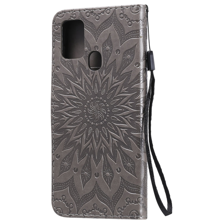For Samsung Galaxy A21s Embossed Sunflower Pattern Horizontal Flip PU Leather Case with Holder & Card Slots & Wallet & Lanyard