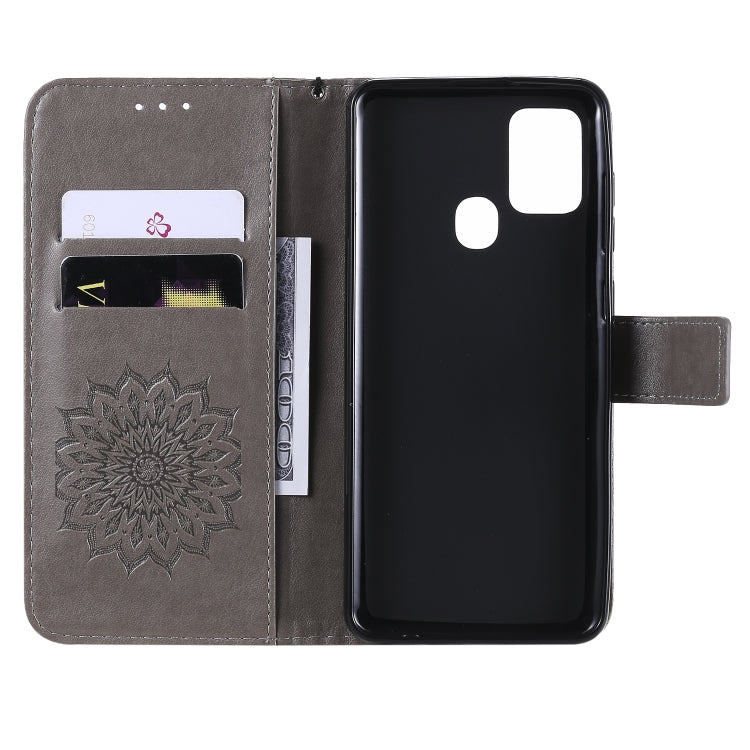 For Samsung Galaxy A21s Embossed Sunflower Pattern Horizontal Flip PU Leather Case with Holder & Card Slots & Wallet & Lanyard