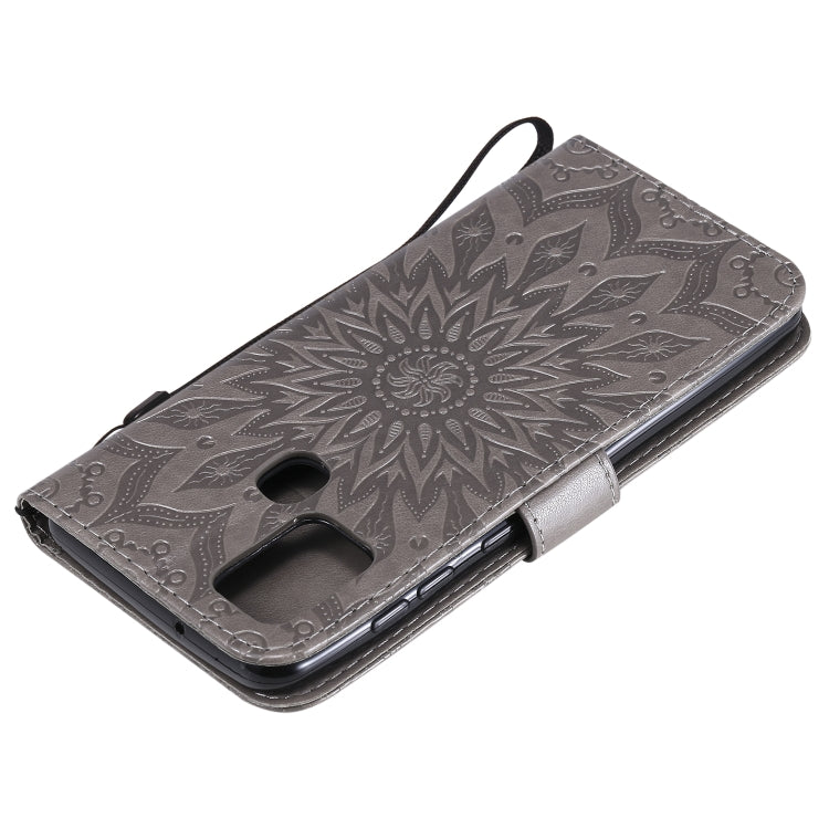 For Samsung Galaxy A21s Embossed Sunflower Pattern Horizontal Flip PU Leather Case with Holder & Card Slots & Wallet & Lanyard