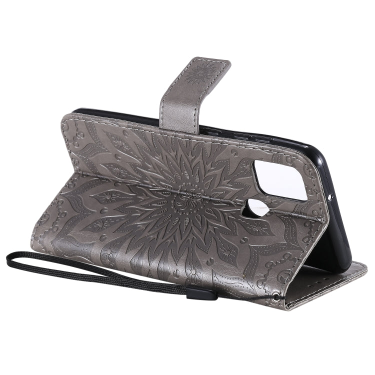 For Samsung Galaxy A21s Embossed Sunflower Pattern Horizontal Flip PU Leather Case with Holder & Card Slots & Wallet & Lanyard