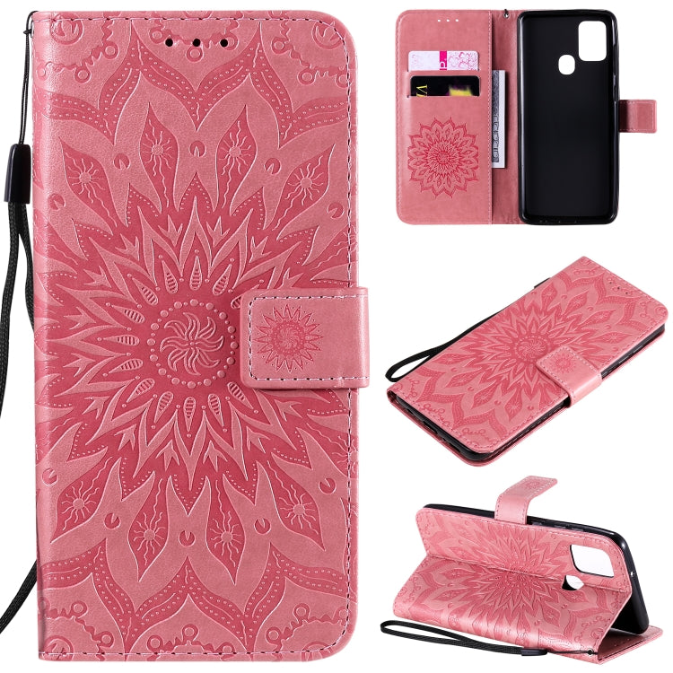 For Samsung Galaxy A21s Embossed Sunflower Pattern Horizontal Flip PU Leather Case with Holder & Card Slots & Wallet & Lanyard