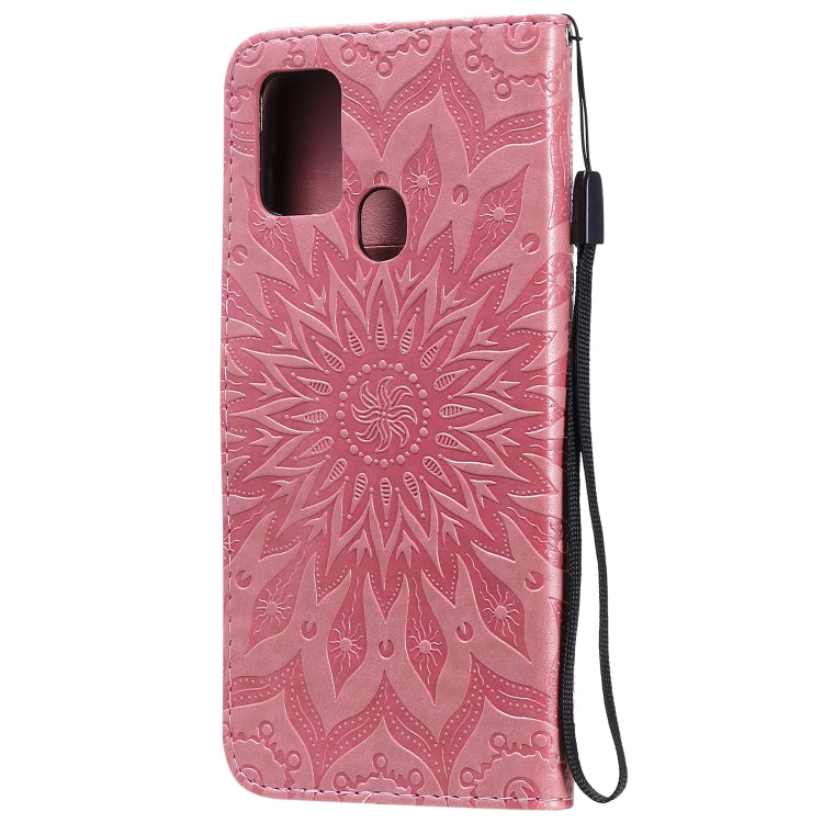 For Samsung Galaxy A21s Embossed Sunflower Pattern Horizontal Flip PU Leather Case with Holder & Card Slots & Wallet & Lanyard
