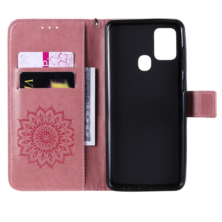 For Samsung Galaxy A21s Embossed Sunflower Pattern Horizontal Flip PU Leather Case with Holder & Card Slots & Wallet & Lanyard
