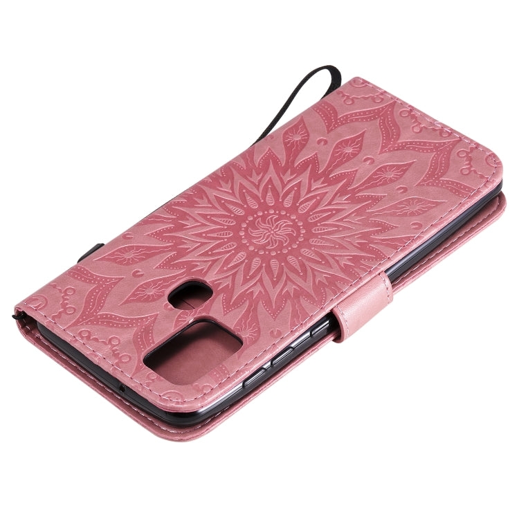 For Samsung Galaxy A21s Embossed Sunflower Pattern Horizontal Flip PU Leather Case with Holder & Card Slots & Wallet & Lanyard