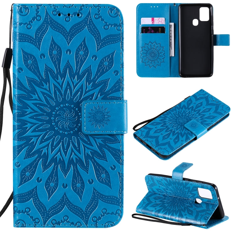 For Samsung Galaxy A21s Embossed Sunflower Pattern Horizontal Flip PU Leather Case with Holder & Card Slots & Wallet & Lanyard