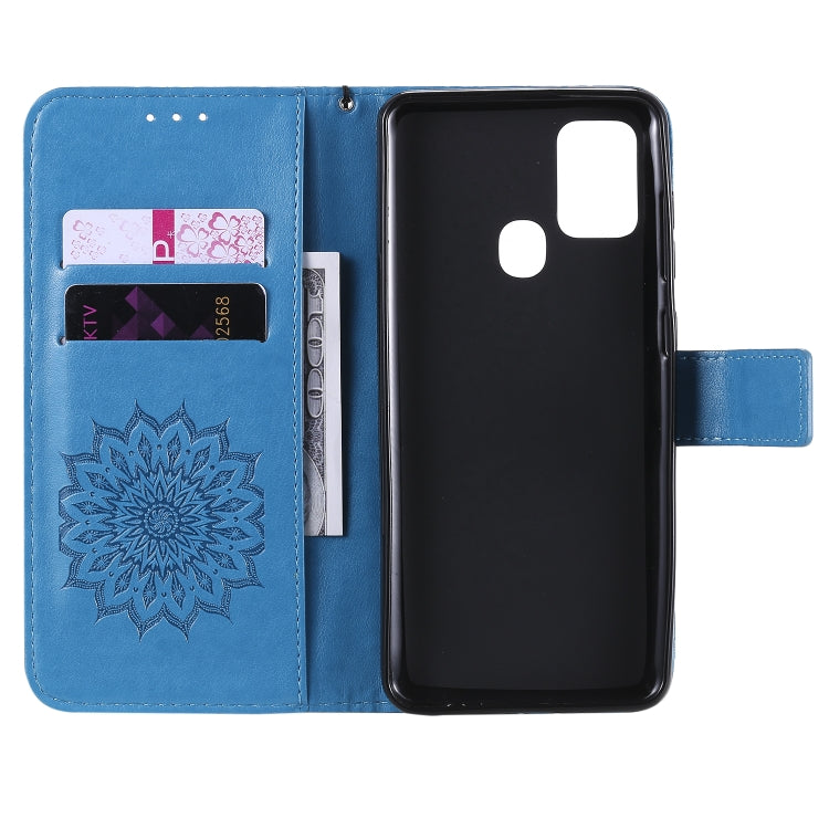 For Samsung Galaxy A21s Embossed Sunflower Pattern Horizontal Flip PU Leather Case with Holder & Card Slots & Wallet & Lanyard