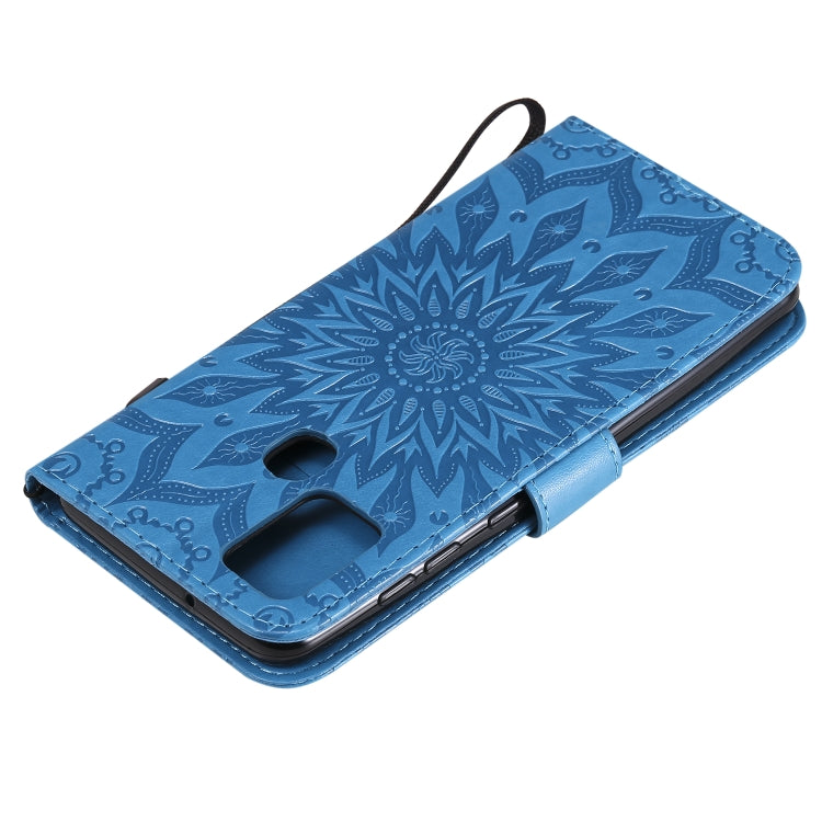 For Samsung Galaxy A21s Embossed Sunflower Pattern Horizontal Flip PU Leather Case with Holder & Card Slots & Wallet & Lanyard
