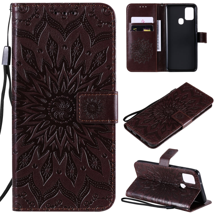 For Samsung Galaxy A21s Embossed Sunflower Pattern Horizontal Flip PU Leather Case with Holder & Card Slots & Wallet & Lanyard