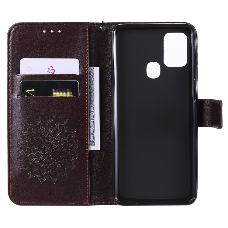 For Samsung Galaxy A21s Embossed Sunflower Pattern Horizontal Flip PU Leather Case with Holder & Card Slots & Wallet & Lanyard