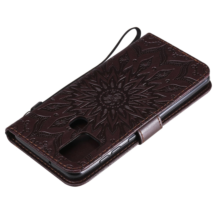 For Samsung Galaxy A21s Embossed Sunflower Pattern Horizontal Flip PU Leather Case with Holder & Card Slots & Wallet & Lanyard