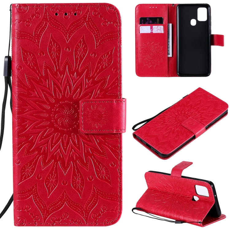 For Samsung Galaxy A21s Embossed Sunflower Pattern Horizontal Flip PU Leather Case with Holder & Card Slots & Wallet & Lanyard