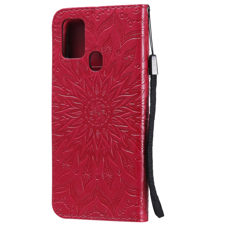 For Samsung Galaxy A21s Embossed Sunflower Pattern Horizontal Flip PU Leather Case with Holder & Card Slots & Wallet & Lanyard