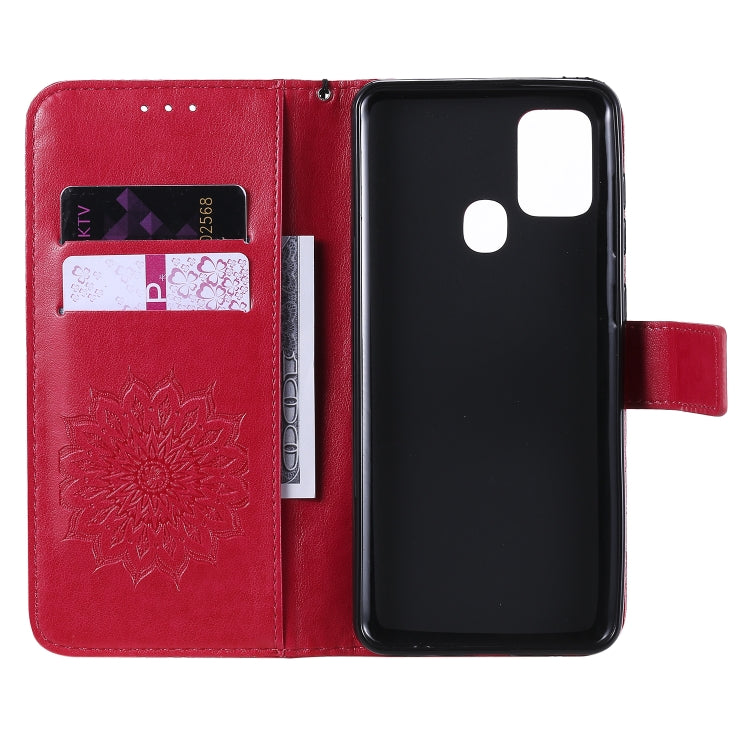 For Samsung Galaxy A21s Embossed Sunflower Pattern Horizontal Flip PU Leather Case with Holder & Card Slots & Wallet & Lanyard