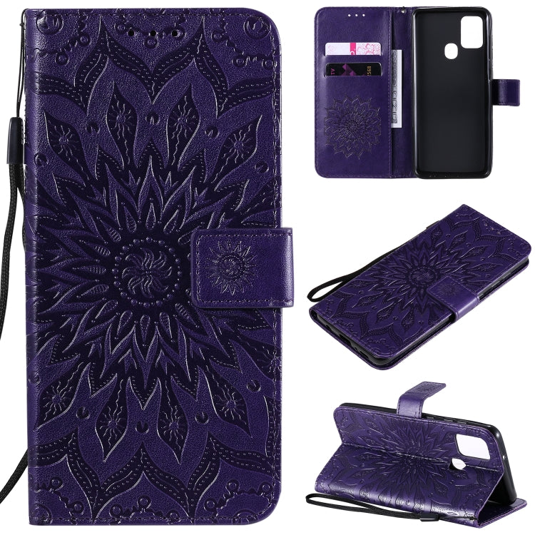 For Samsung Galaxy A21s Embossed Sunflower Pattern Horizontal Flip PU Leather Case with Holder & Card Slots & Wallet & Lanyard
