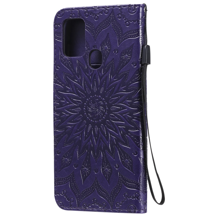 For Samsung Galaxy A21s Embossed Sunflower Pattern Horizontal Flip PU Leather Case with Holder & Card Slots & Wallet & Lanyard