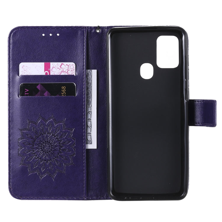 For Samsung Galaxy A21s Embossed Sunflower Pattern Horizontal Flip PU Leather Case with Holder & Card Slots & Wallet & Lanyard