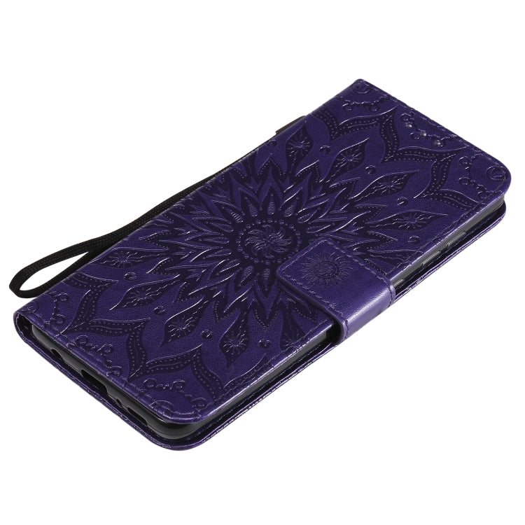 For Samsung Galaxy A21s Embossed Sunflower Pattern Horizontal Flip PU Leather Case with Holder & Card Slots & Wallet & Lanyard