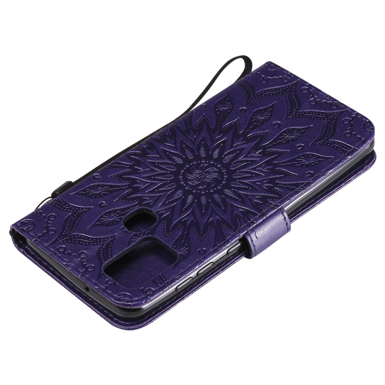 For Samsung Galaxy A21s Embossed Sunflower Pattern Horizontal Flip PU Leather Case with Holder & Card Slots & Wallet & Lanyard