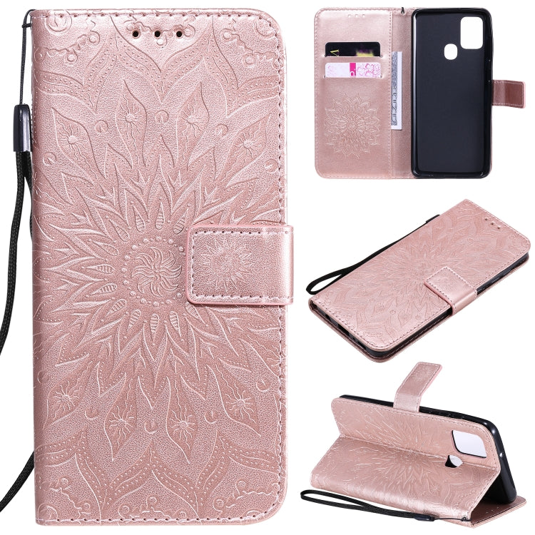 For Samsung Galaxy A21s Embossed Sunflower Pattern Horizontal Flip PU Leather Case with Holder & Card Slots & Wallet & Lanyard