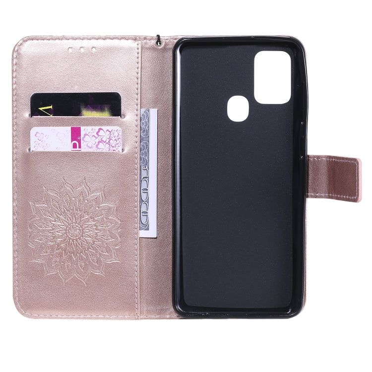 For Samsung Galaxy A21s Embossed Sunflower Pattern Horizontal Flip PU Leather Case with Holder & Card Slots & Wallet & Lanyard