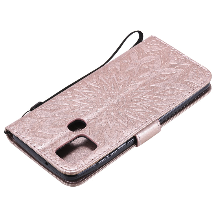 For Samsung Galaxy A21s Embossed Sunflower Pattern Horizontal Flip PU Leather Case with Holder & Card Slots & Wallet & Lanyard