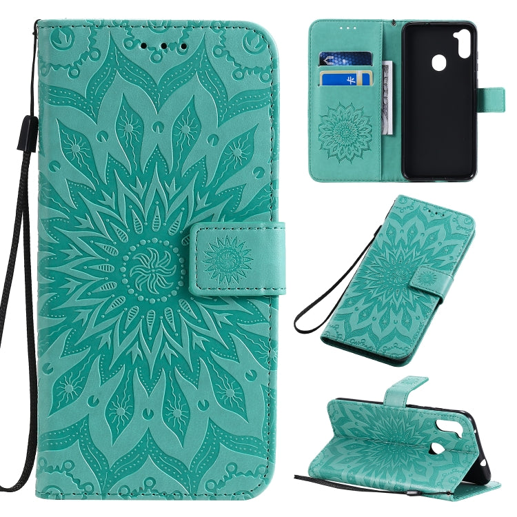 For Samsung Galaxy A11 Embossed Sunflower Pattern Horizontal Flip PU Leather Case with Holder & Card Slots & Wallet & Lanyard