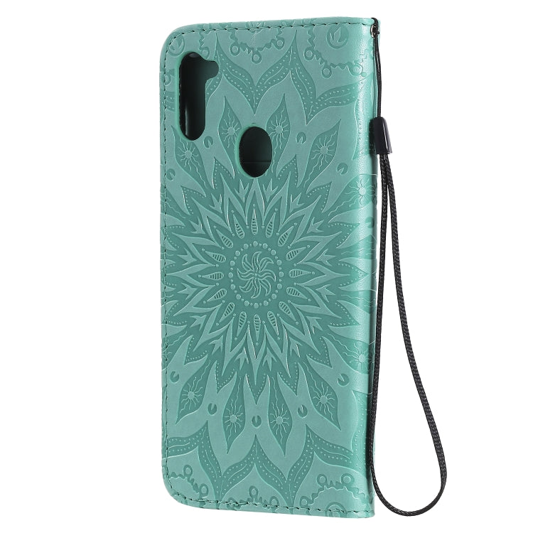 For Samsung Galaxy A11 Embossed Sunflower Pattern Horizontal Flip PU Leather Case with Holder & Card Slots & Wallet & Lanyard
