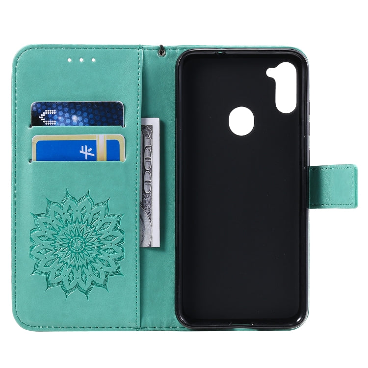 For Samsung Galaxy A11 Embossed Sunflower Pattern Horizontal Flip PU Leather Case with Holder & Card Slots & Wallet & Lanyard
