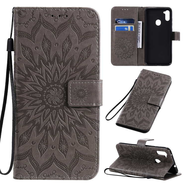 For Samsung Galaxy A11 Embossed Sunflower Pattern Horizontal Flip PU Leather Case with Holder & Card Slots & Wallet & Lanyard
