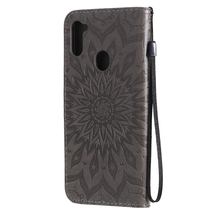For Samsung Galaxy A11 Embossed Sunflower Pattern Horizontal Flip PU Leather Case with Holder & Card Slots & Wallet & Lanyard