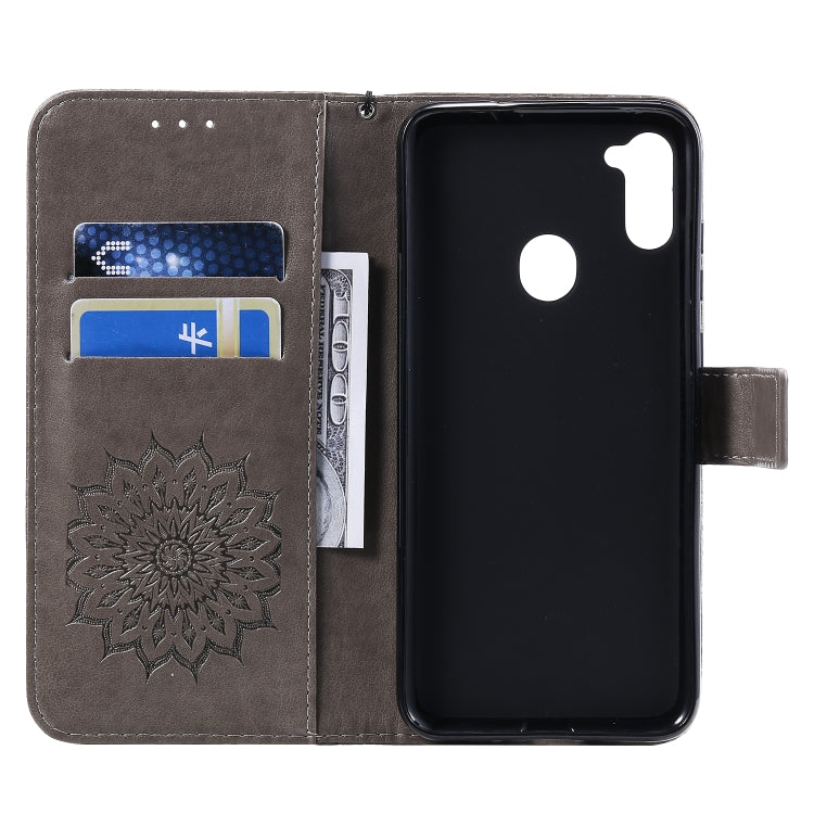 For Samsung Galaxy A11 Embossed Sunflower Pattern Horizontal Flip PU Leather Case with Holder & Card Slots & Wallet & Lanyard
