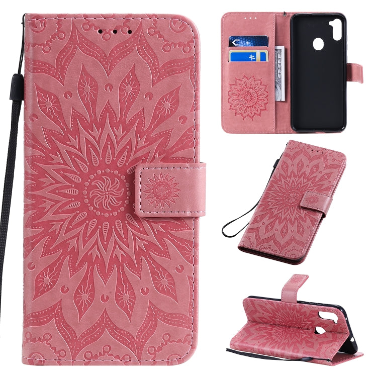 For Samsung Galaxy A11 Embossed Sunflower Pattern Horizontal Flip PU Leather Case with Holder & Card Slots & Wallet & Lanyard