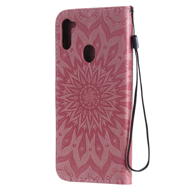 For Samsung Galaxy A11 Embossed Sunflower Pattern Horizontal Flip PU Leather Case with Holder & Card Slots & Wallet & Lanyard