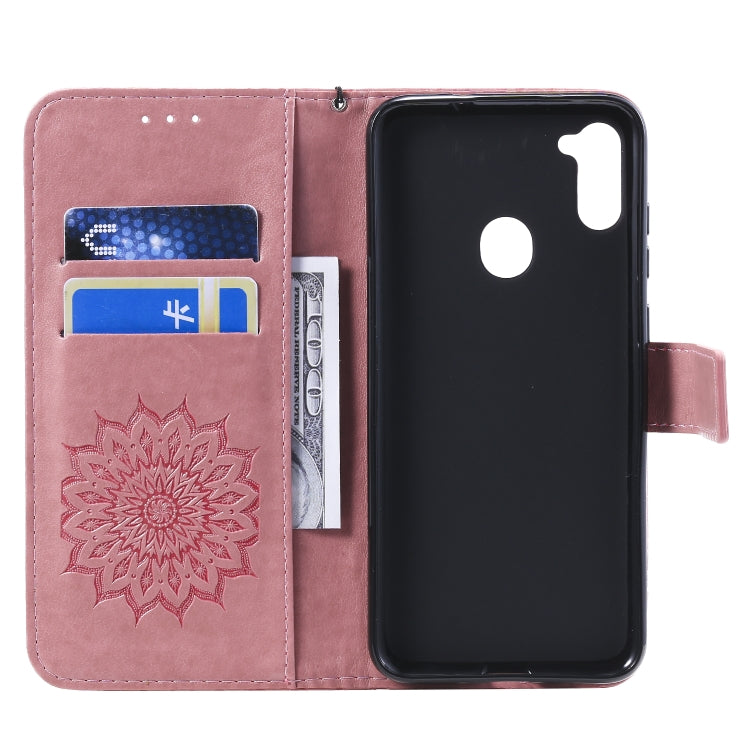 For Samsung Galaxy A11 Embossed Sunflower Pattern Horizontal Flip PU Leather Case with Holder & Card Slots & Wallet & Lanyard