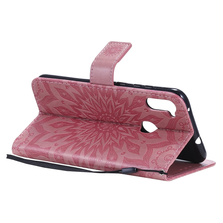 For Samsung Galaxy A11 Embossed Sunflower Pattern Horizontal Flip PU Leather Case with Holder & Card Slots & Wallet & Lanyard