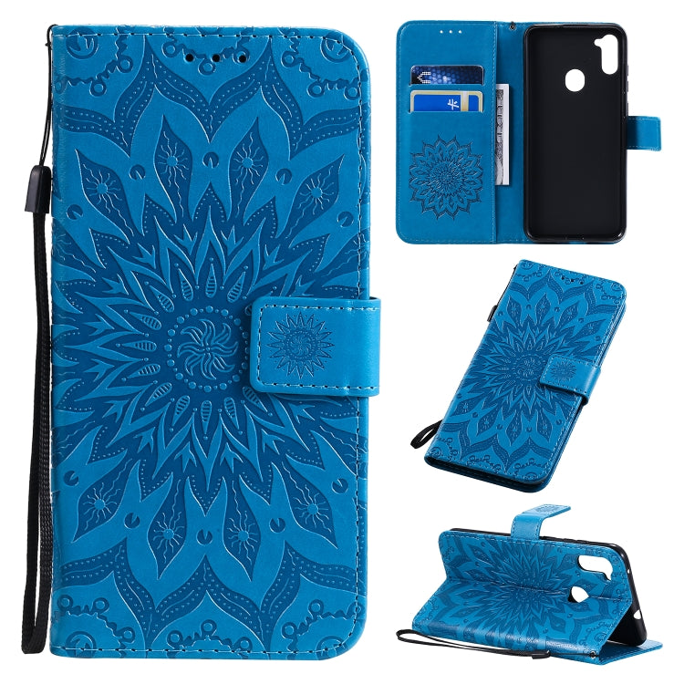 For Samsung Galaxy A11 Embossed Sunflower Pattern Horizontal Flip PU Leather Case with Holder & Card Slots & Wallet & Lanyard