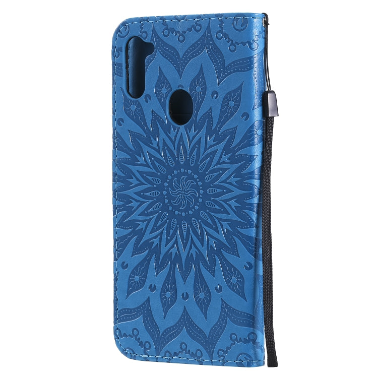 For Samsung Galaxy A11 Embossed Sunflower Pattern Horizontal Flip PU Leather Case with Holder & Card Slots & Wallet & Lanyard