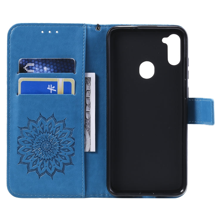 For Samsung Galaxy A11 Embossed Sunflower Pattern Horizontal Flip PU Leather Case with Holder & Card Slots & Wallet & Lanyard
