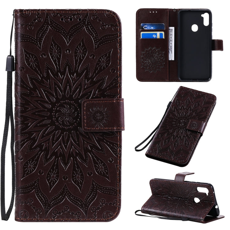 For Samsung Galaxy A11 Embossed Sunflower Pattern Horizontal Flip PU Leather Case with Holder & Card Slots & Wallet & Lanyard