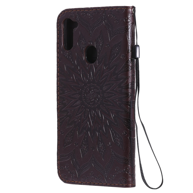 For Samsung Galaxy A11 Embossed Sunflower Pattern Horizontal Flip PU Leather Case with Holder & Card Slots & Wallet & Lanyard