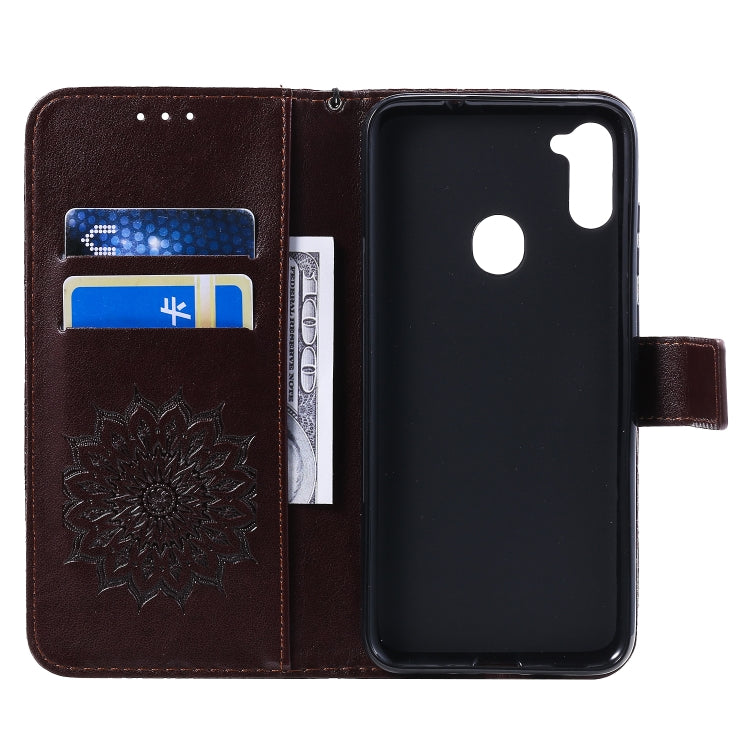 For Samsung Galaxy A11 Embossed Sunflower Pattern Horizontal Flip PU Leather Case with Holder & Card Slots & Wallet & Lanyard