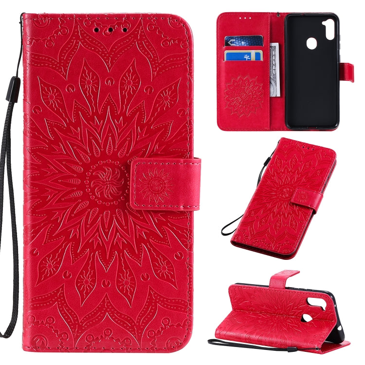 For Samsung Galaxy A11 Embossed Sunflower Pattern Horizontal Flip PU Leather Case with Holder & Card Slots & Wallet & Lanyard