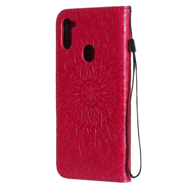 For Samsung Galaxy A11 Embossed Sunflower Pattern Horizontal Flip PU Leather Case with Holder & Card Slots & Wallet & Lanyard