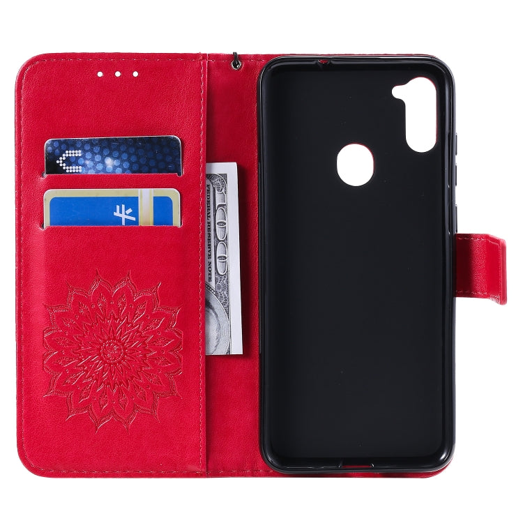 For Samsung Galaxy A11 Embossed Sunflower Pattern Horizontal Flip PU Leather Case with Holder & Card Slots & Wallet & Lanyard