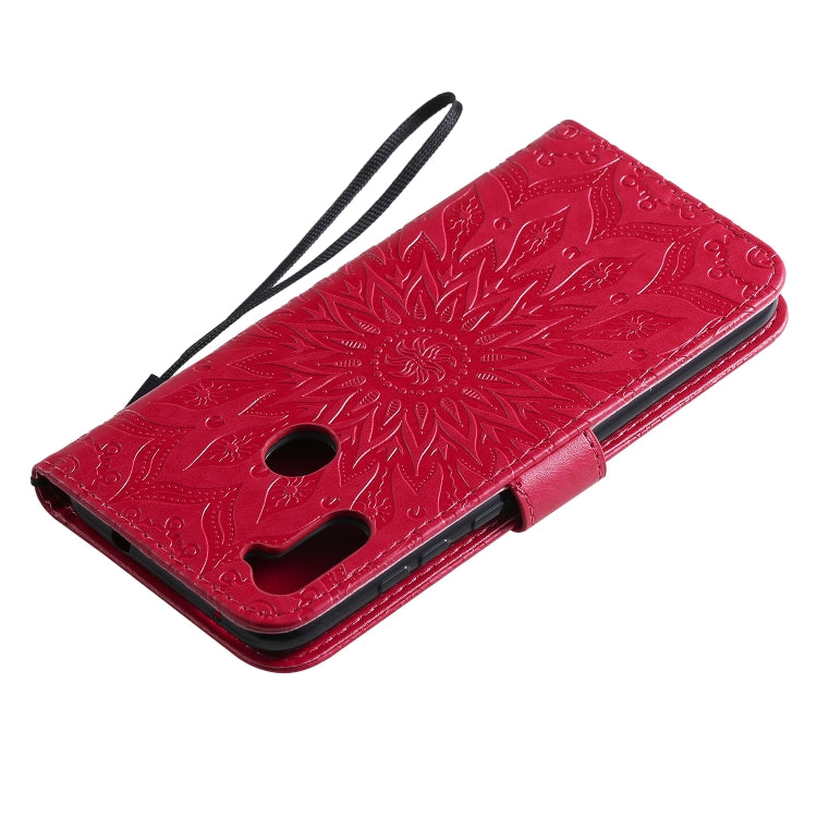 For Samsung Galaxy A11 Embossed Sunflower Pattern Horizontal Flip PU Leather Case with Holder & Card Slots & Wallet & Lanyard